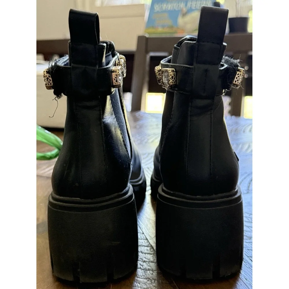 Black Chelsea Boots Embellished with Crystals Chunky Lug Sole Size 8M - Picture 2 of 10